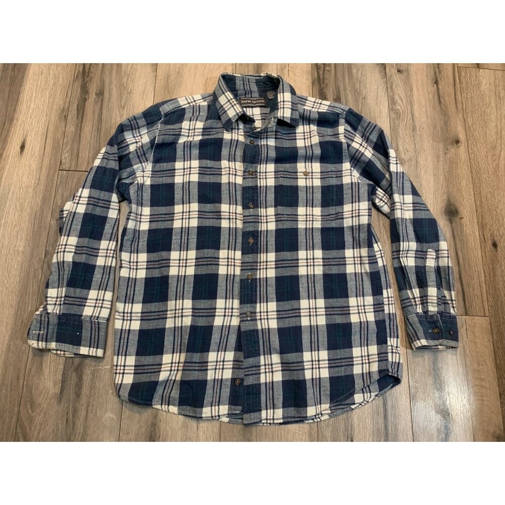 David Taylor L Cotton Flannel VTG Button-up Long Sleeve Blue Cream Plaid Maroon